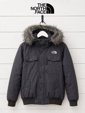 THE NORTH FACE Gray Down Bomber Jacket with Faux Fur Hood Men’s XL/TG
